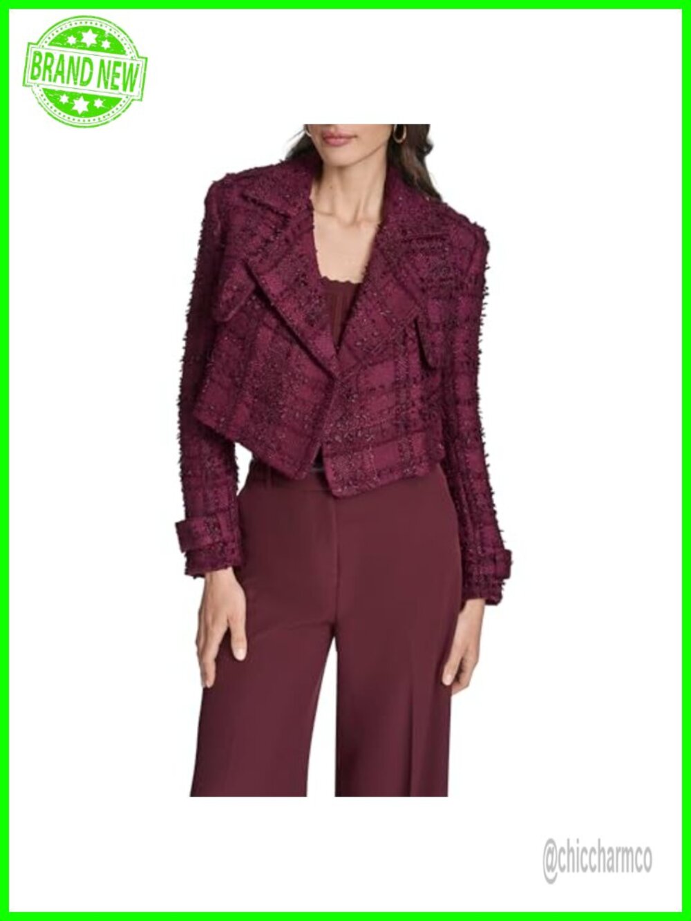 Textured Tweed Cropped Blazer Collared Long Sleeve Jacket